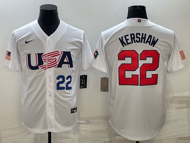 Men 2023 World Cub USA 22 Kershaw White Nike MLB Jersey1